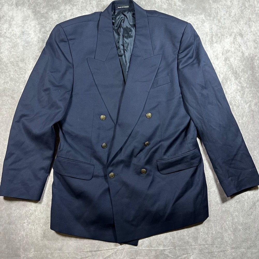Vintage Yves Saint Laurent Mens 40L Navy Double Breasted Worsted Wool Blazer YSL